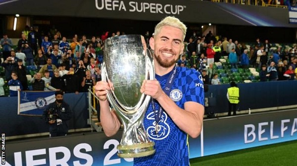 Jorginho celebrates winning the European Super Cup in Belfast