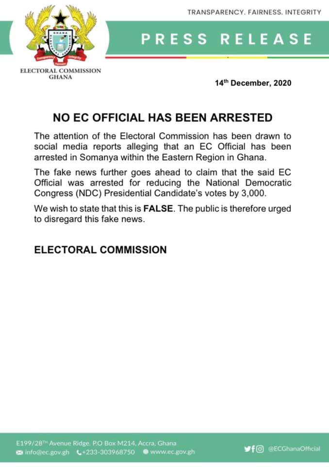 No Official Has Been Arrested In Somanya – Electoral Commission