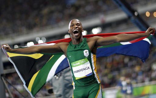 South Africa's Luvo Manyonga celebrates winning the silver medal in the men's long jump (AP Photo/David Goldman)