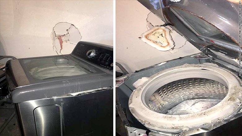 A damaged Samsung washing machine as documented by a Texas woman who claims it exploded during use. She is part of a class-action lawsuit against the company.