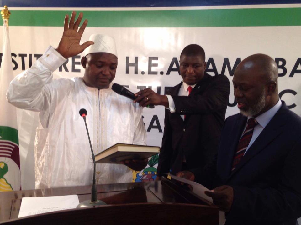 Adama Barrow after taking his oath of office