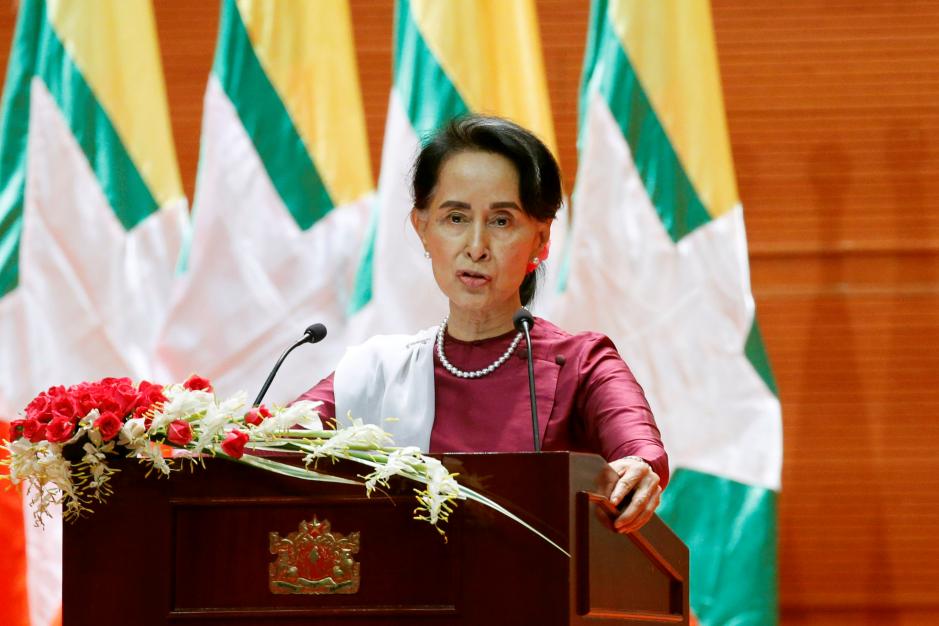 Myanmar State Counselor Aung San Suu Kyi delivers a speech to the nation over Rakhine and Rohingya situation, in Naypyitaw, Myanmar September 19, 2017