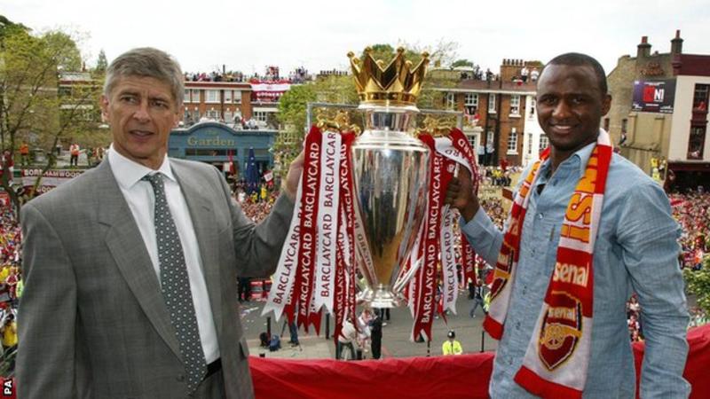 Patrick Vieira (right) won three Premier League titles and four FA Cups under Wenger at Arsenal