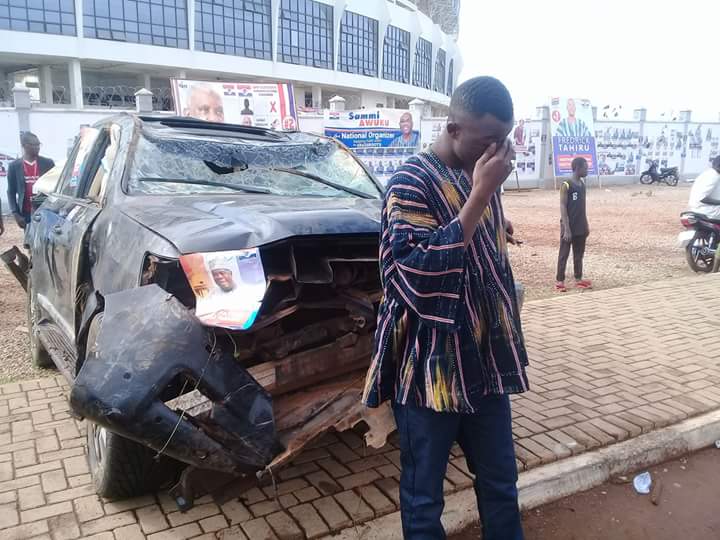 Accident vehicle of Bugri Naabu on display in front of the Aliu Mahama Sports Stadium, Tamale 