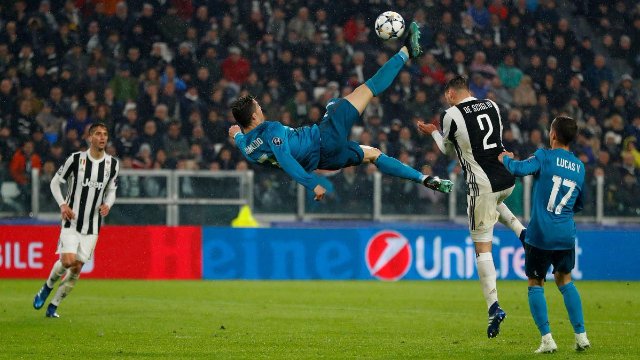 A stunning overhead kick goal of Cristiano Ronaldo during the Champions League semifinals between Juventus and Real Madrid