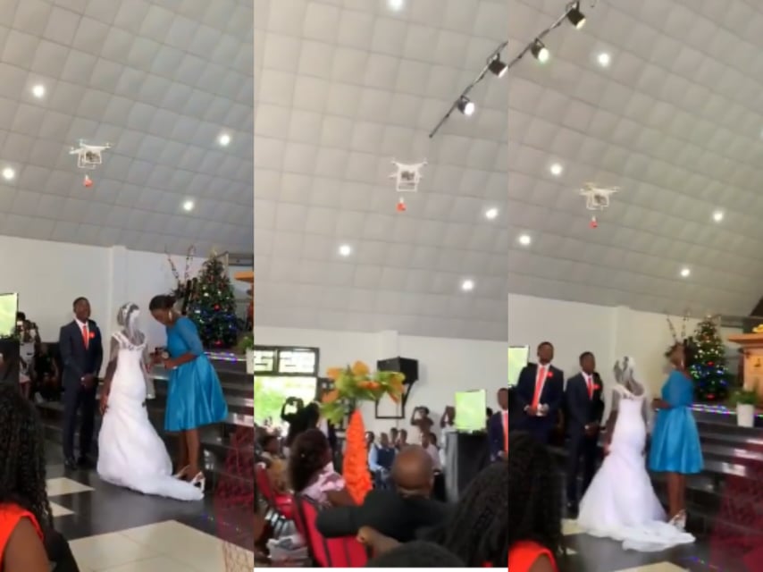 A drone delivers ring to couple at a wedding ceremony