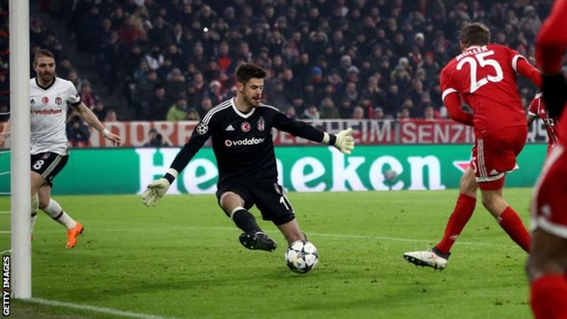 Thomas Muller gives Bayern the lead just before half-time with his first of two goals taking his tally for the season to nine