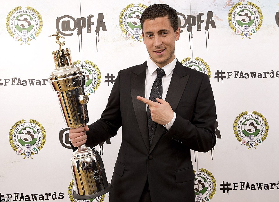 Eden Hazard poses with the PFA trophy after winning the award