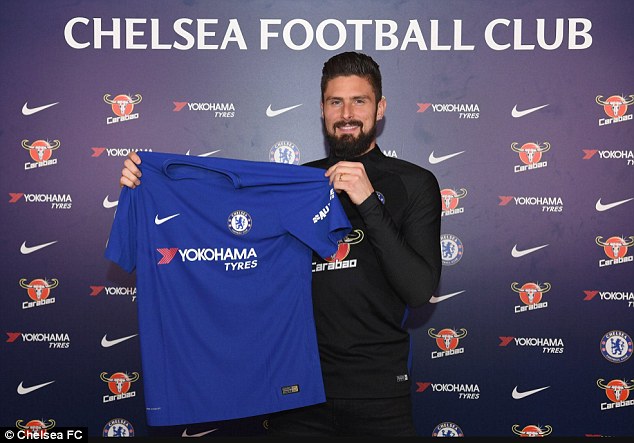 Olivier Giroud holds up a Chelsea shirt after completing his transfer from Arsenal 