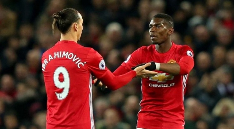 Zlatan Ibrahimovic celebrating with Paul Pogba