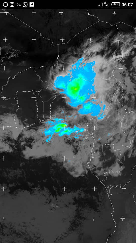 The weak system over the coast of Benin and Togo which is affecting Ghana being indicated