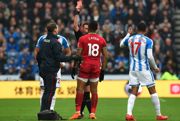 Jordan Ayew has been shown a red card in Swansea's game against Huddersfield Town