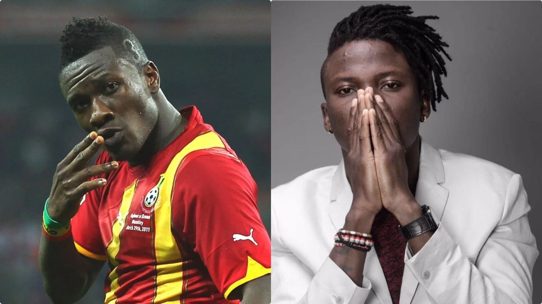 Asamoah Gyan(left) has denied reports he is set to pay Zylofon Media $2million as bailout for Stonebwoy(right)