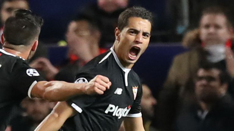 Wissam Ben Yedder celebrates after scoring Sevilla's first goal 