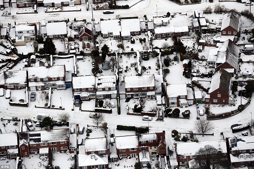 An aerial view of a snow covered Morpeth in Northumberland as the severe weather conditions continue