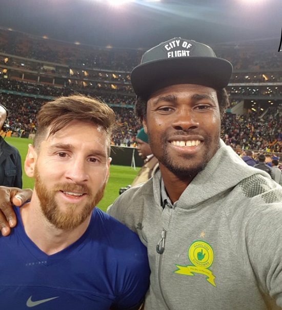 Lionel Messi and Razak Brimah after Barcelona beat Sundowns