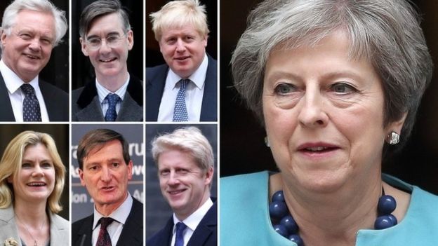 Mrs May's Tory critics include Brexiteer MPs David Davis, Jacob Rees-Mogg and Boris Johnson, as well as Remainers Justine Greening, Dominic Grieve and Jo Johnson 