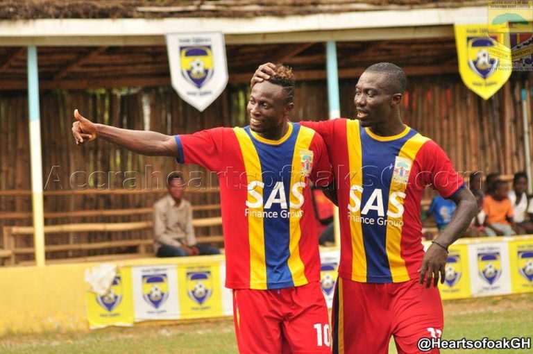 Bernard Dong Bortey (right) celebrates with a Hearts of Oak teammate