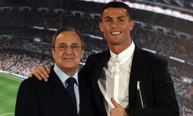 Cristiano Ronaldo in happier times with Real Madrid’s president, Florentino Pérez, after signing a contract extension in 2016. 