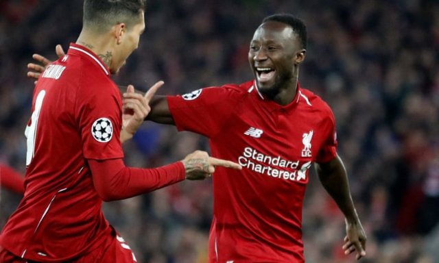 Liverpool’s Guinean midfielder Naby Keita (R) celebrates scoring Photograph: Carl Recine/Action Images via Reuters