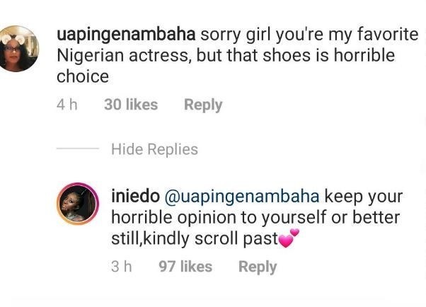 'Keep your horrible opinion to yourself' - Ini Edo blasts a fan