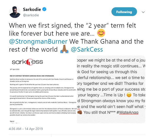 Sarkodieâ€™s Sarkcess Music part ways with Strongman 