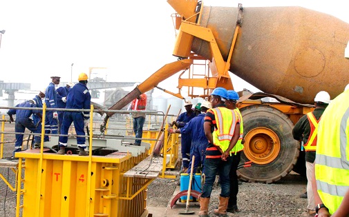 The first quay wall stone being cast by the contractors. Picture: DELLA RUSSEL OCLOO