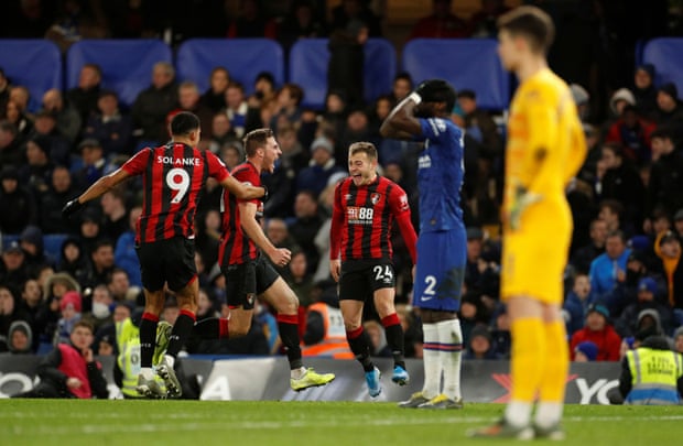  Bournemouth’s Dan Gosling celebrates at Stamford Bridge. Photograph: John Sibley/Action Images/Reuters