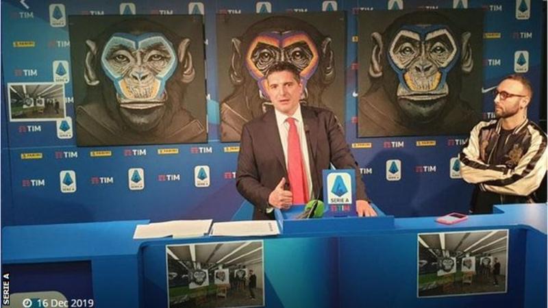 Serie A chief executive Luigi de Siervo (left) and artist Simone Fugazzotto reveal the artwork at a news conference on Monday