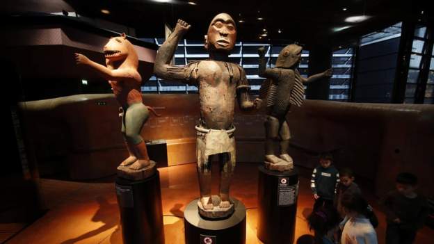 Three Great Royal Statues of ancient Dahomey are displayed at the Quai Branly Museum in Paris