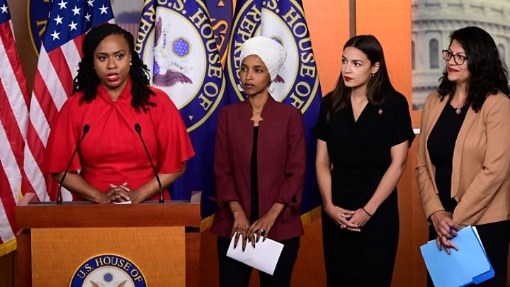 Ayanna Pressley, Ilhan Omar, Alexandria Ocasio-Cortez and Rashida Tlaib responded to the attacks at a press conference on Monday