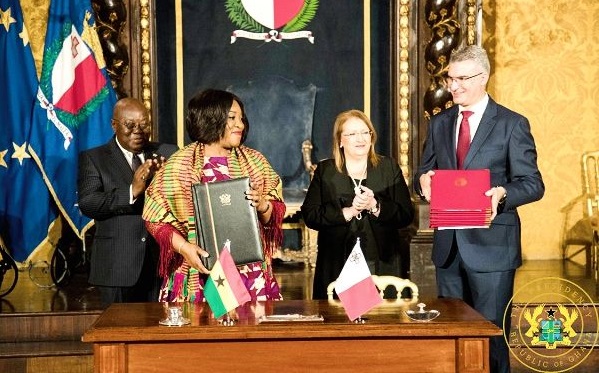 President Nana Addo Dankwa Akufo-Addo and President Marie-Louise Coleiro Preca applauding after Ms Shirley Ayorkor Botchway, Ghana's Minister of Foreign Affairs, and her Maltese counterpart, Carmelo Abela (right) had signed the agreements