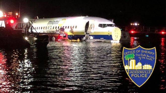 Boeing 737 skids into Florida river on landing