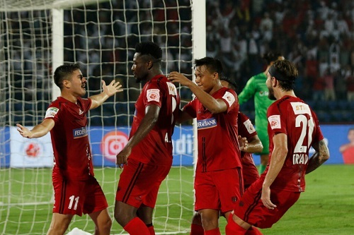 Asamoah Gyan scores his third goal for NorthEast United on return from injury