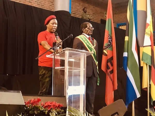 EFF leader Julius Malema addresses the crowd during the memorial service for former Zimbabwe president Robert Mugabe. Picture: Juniour Khumalo/Twitter