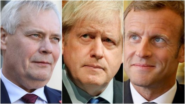 Finnish PM Antti Rinne (left) says he and French President Emmanuel Macron (right) agreed the new deadline for Boris Johnson