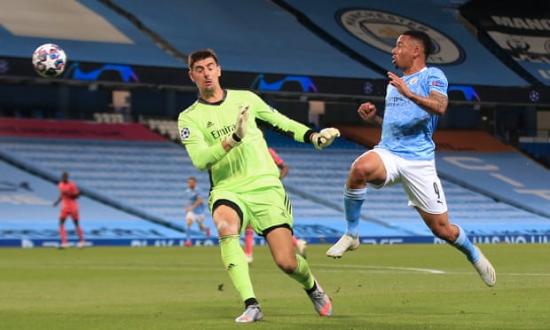  Gabriel Jesus lifts Manchester City’s second goal over Thibaut Courtois Photograph: Simon Stacpoole/Offside/Getty Images