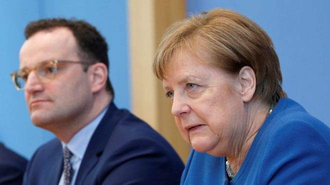 Chancellor Merkel addressed reporters alongside Health Minister Jens Spahn