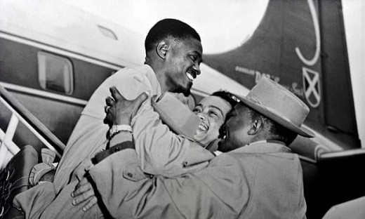  Patrice Lumumba, left, is welcomed at Brussels airport in January 1960. Photograph: AFP/Getty Images