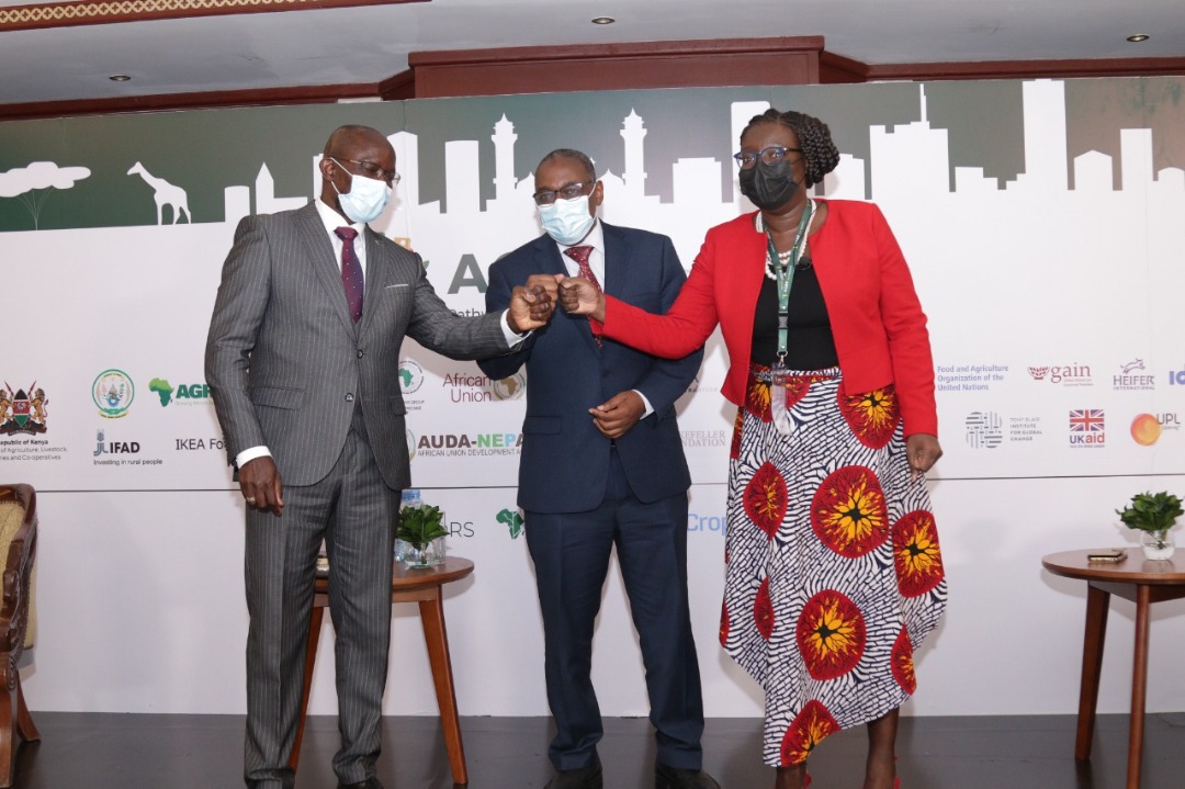 L-R: Dr. Fadel Ndiame, Deputy President, AGRA Prof Hamadi Boga, The Principal Secretary, State Department for Crop Development & Agricultural Research Ms. Jennifer Baarn, Acting Managing Director AGRF and Head of Partnerships, AGRA