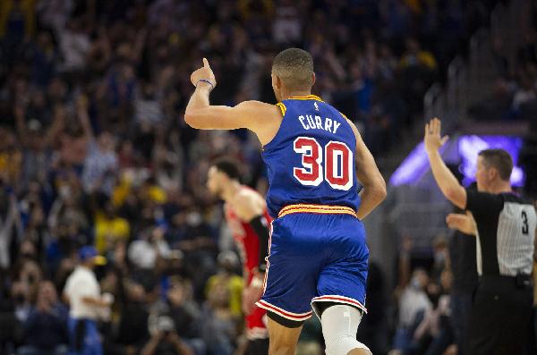 Nov 12, 2021; San Francisco, California, USA; Golden State Warriors guard Stephen Curry (30) celebrates a three-point basket against the Chicago Bulls during the fourth quarter at Chase Center. Mandatory Credit: D. Ross Cameron-USA TODAY Sports