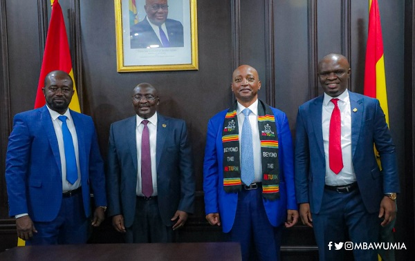 Dr Mahamudu Bawumiah 92nd left) with CAf President, Dr Patrice Mostepe and GFap boss Kurt Simeon-Okraku (left) and Mustapha Ussif (right))