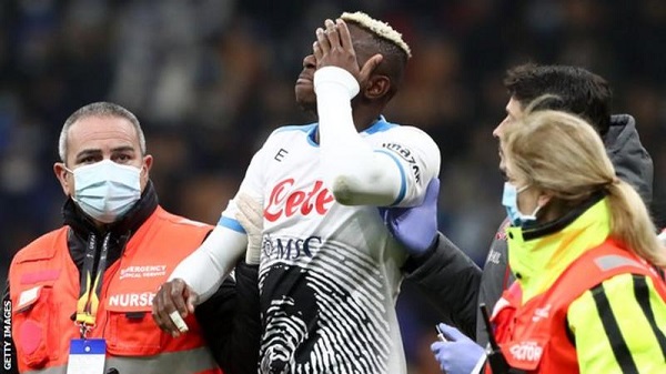 Napoli and Nigeria's Victor Osimhen was injured after a clash of heads with Inter's Milan Skriniar
