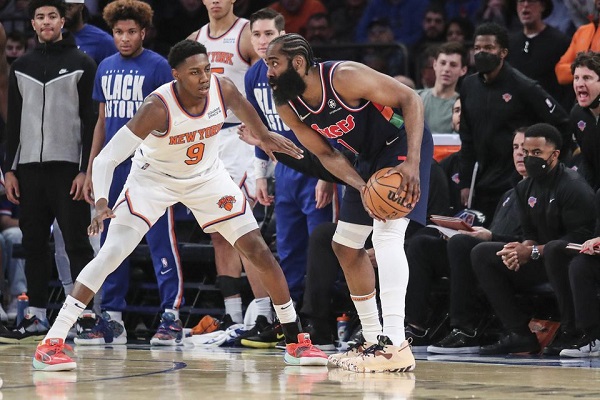  Philadelphia 76ers guard James Harden (1) looks to drive past New York Knicks guard RJ Barrett (9) in the third quarter at Madison Square Garden. Mandatory Credit: Wendell Cruz-USA TODAY Sports