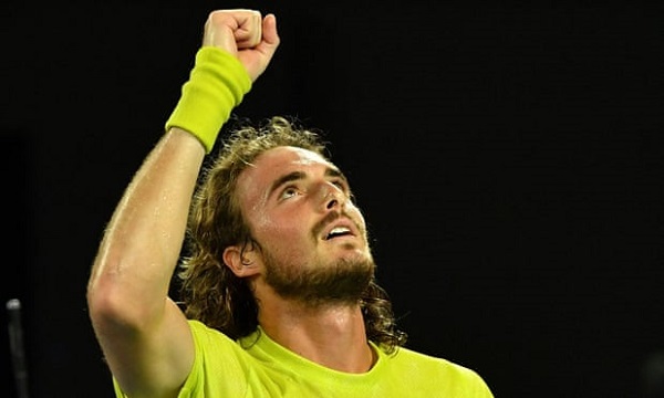  Stefanos Tsitsipas celebrates victory against Spain’s Rafael Nadal. Photograph: Paul Crock/AFP/Getty Images