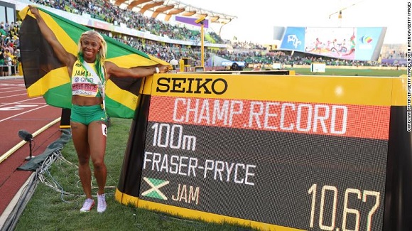 Shelly-Ann Fraser-Pryce wins the 100m title at the World Championships in Eugene, Oregon.