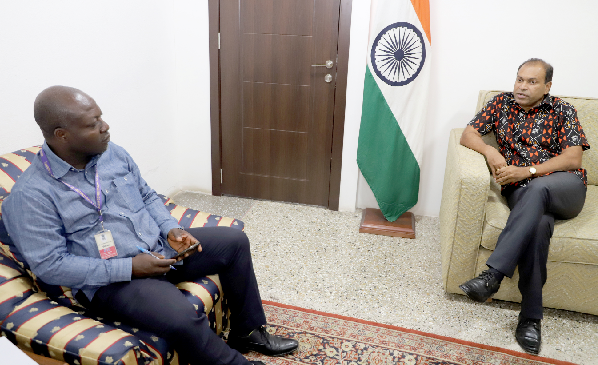 Donald Ato Dapaatem (left), Staff Writer of the Daily Graphic, interviewing Sugandh Rajaram, Indian High Commissioner to Ghana. Picture: GABRIEL AHIABOR