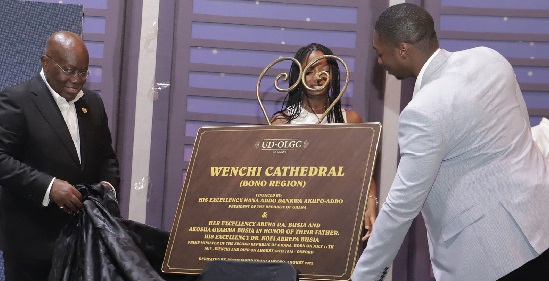 President Akufo-Addo, along with Kwesi Boakye Busia (right) and Nadar Naamorkor Busia-Singleton, grandchildren of a former Prime Minister of Ghana, Prof. K.A. Busia, unveiling the plaque of a proposed Busia Foundation Cathedral to be built in Wenchi. Picture: SAMUE TEI ADANO