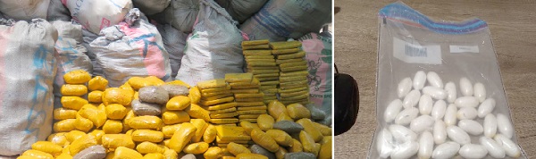  White substances suspected to be cocaine seized at KIA (right) and cannabis bust at Woe in the Volta Region