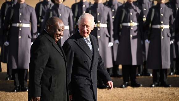 Britain's King Charles III and South Africa President Cyril Ramaphosa at Horse Guards Parade, in London, on Tuesday.